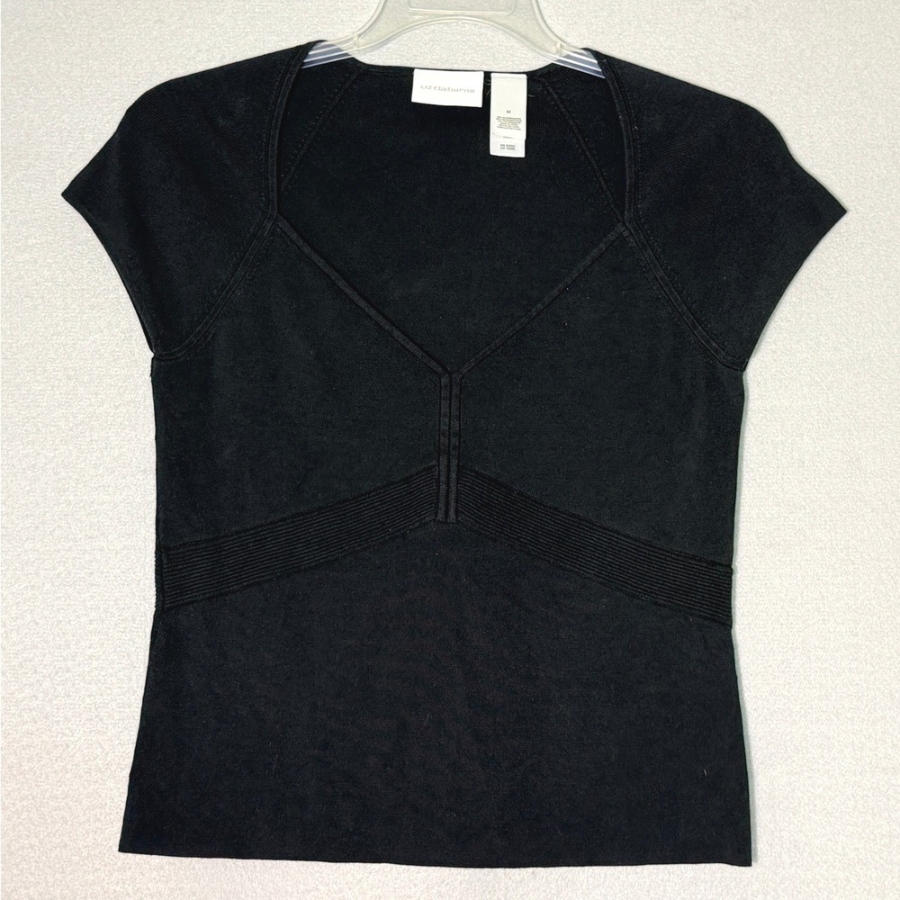 Liz Claiborne Silk Blend Knit‎ Top Womens Size M Black Sweetheart Quiet Luxury